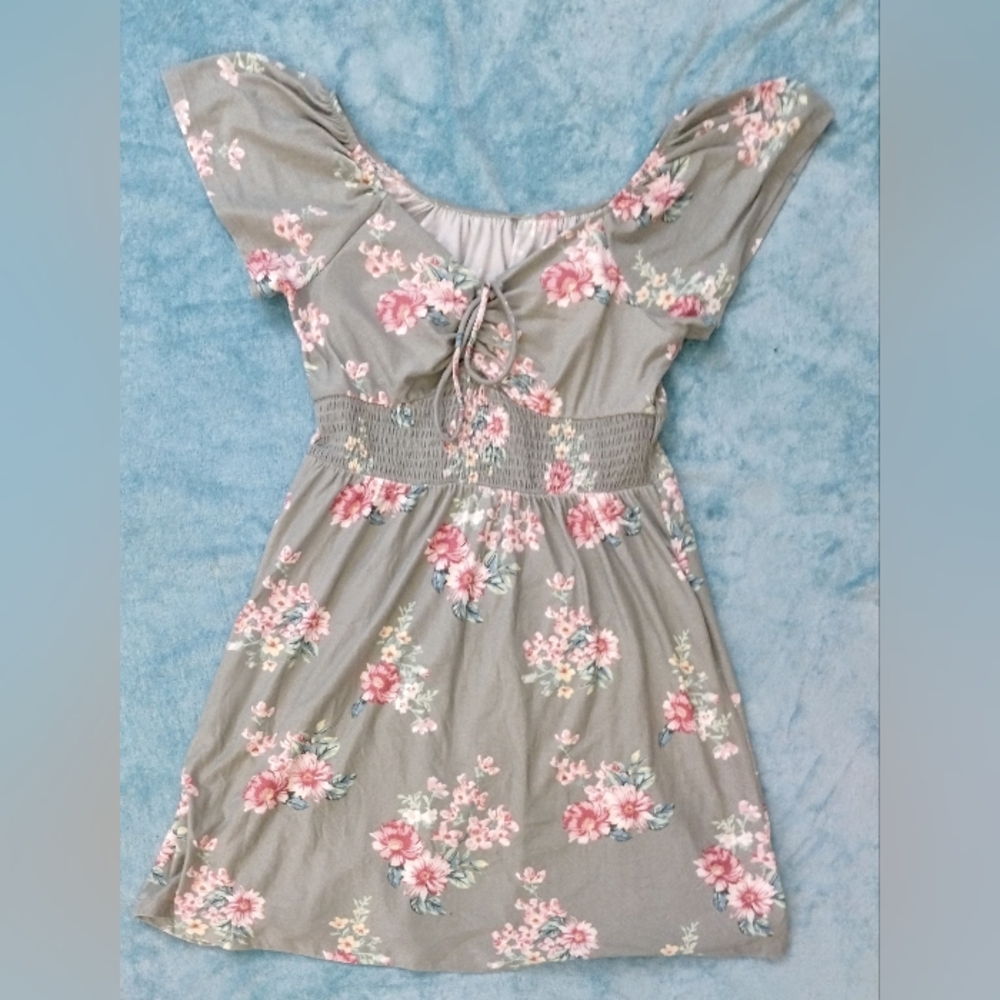 Gray and Pink Sundress with Flutter Sleeves and Off the Shoulder Neckline